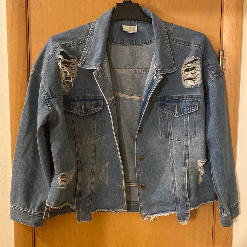 Caution to the Wind Distressed Chewed Hem Jean Jacket Medium Wash Size Large